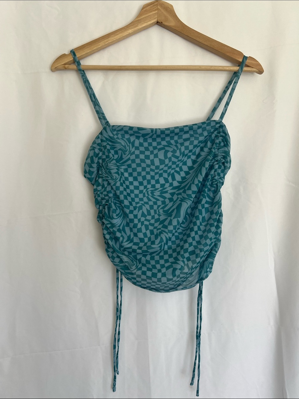 SO Teal Checkered Ruched Drawstring Cami